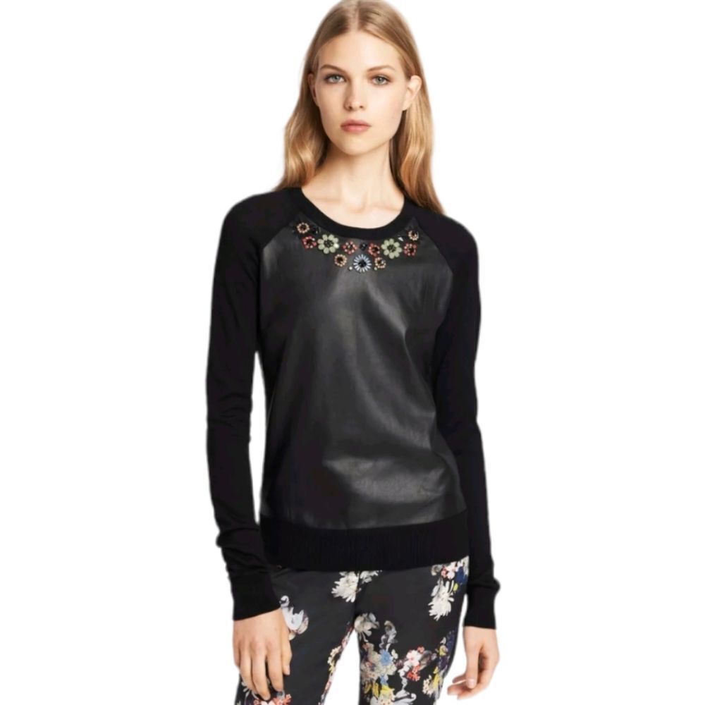 Erdem Embellished Leather Top Large Black Silk Cashmere Knit Crew Neck Pullover
